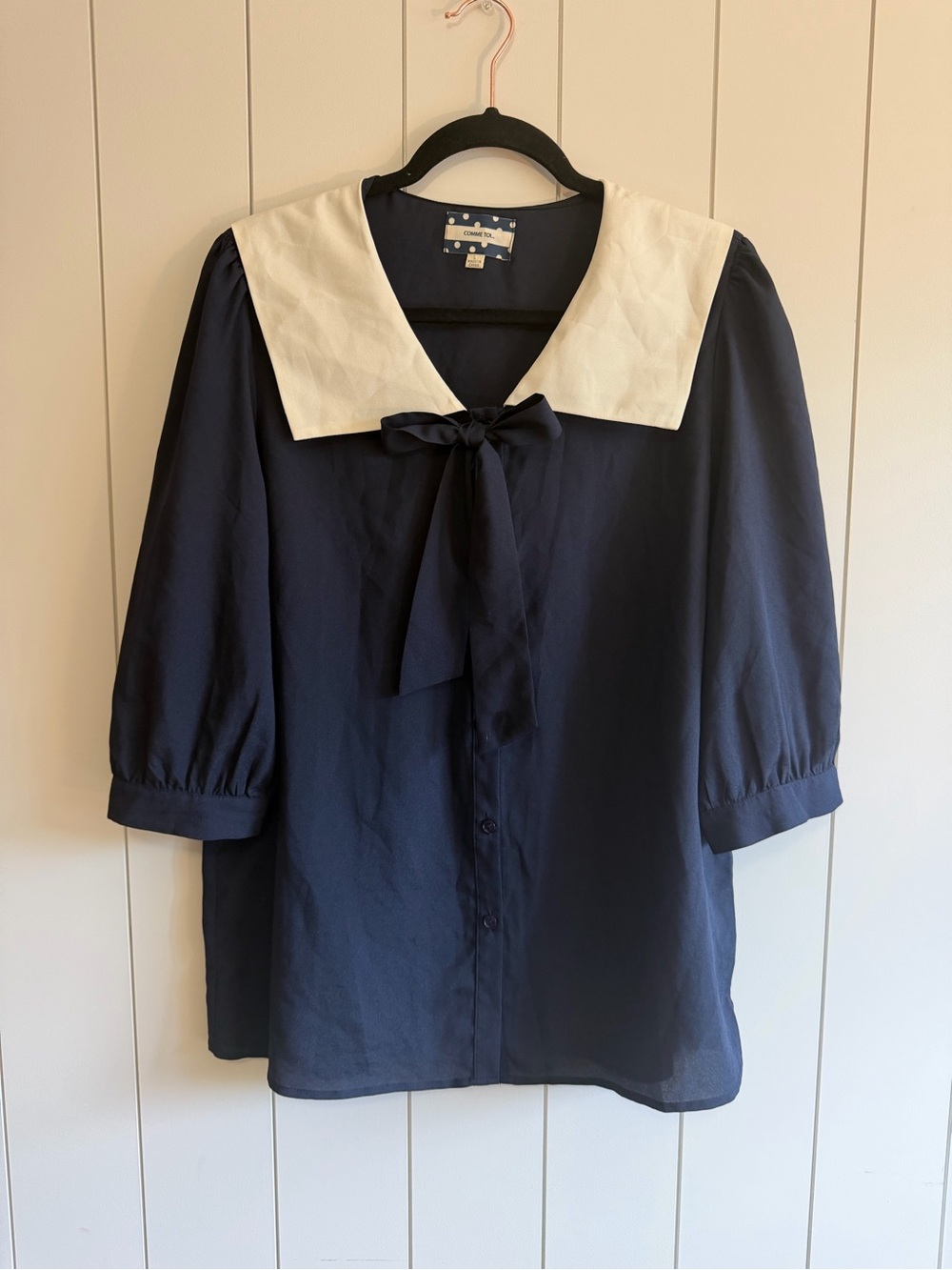 Navy Blouse with White Sailor Collar and Front Tie